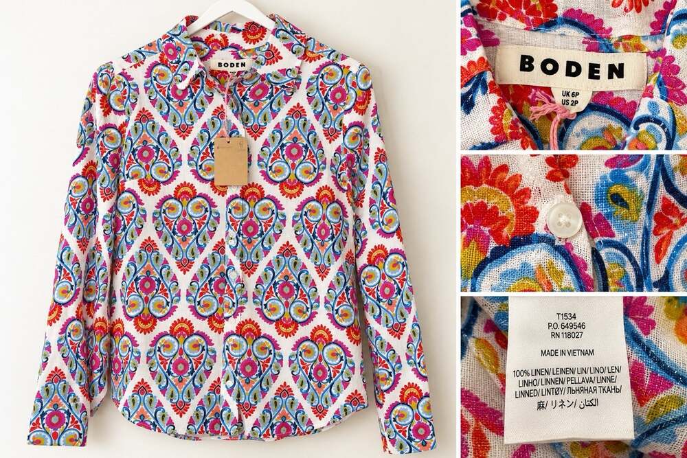 Boden Women’s 100% Linen Paisley Floral Button Front Shirt Size 2P New XS